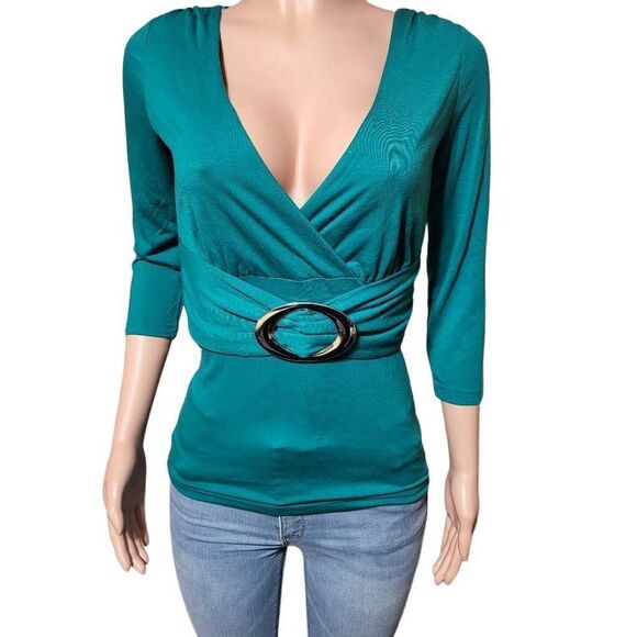 No excuse v-neck teal 3/4 sleeve with belt top 38/40 M - Picture 1 of 5